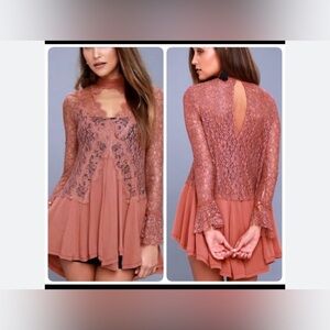 Free People Dusty Rose Lace Keyhole Long Sleeved Etherial Tunic Top